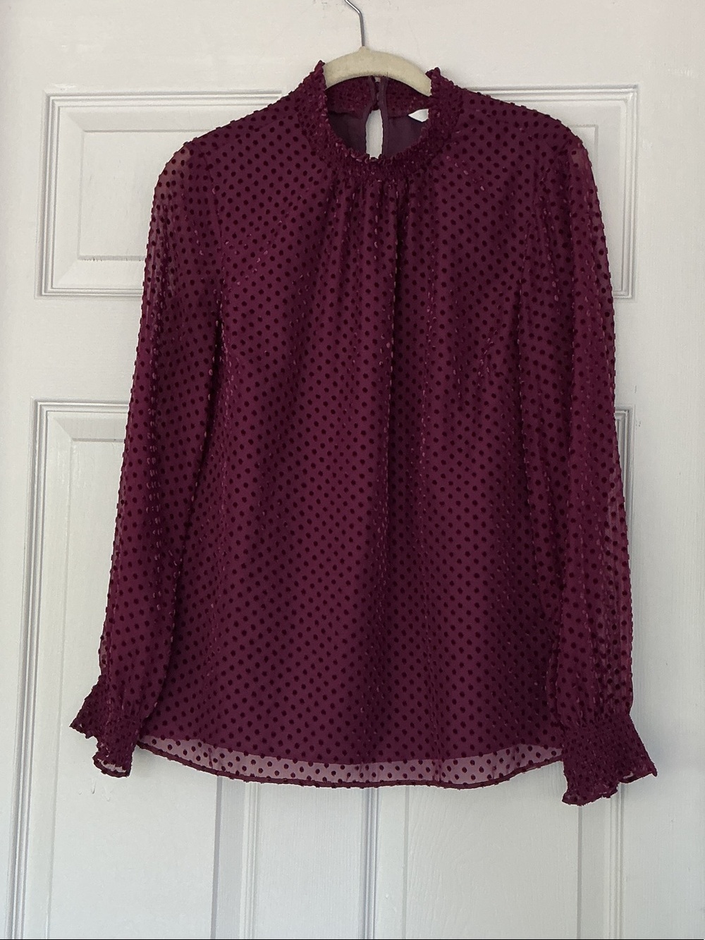 Womens Burgundy Swiss Dot Long Sleeve Blouse